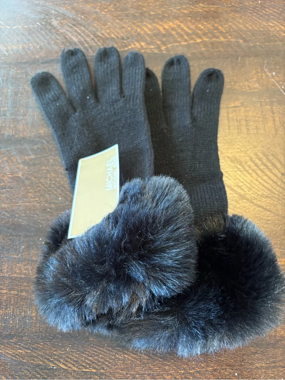 Women’s Michael Kors Black Knit Gloves with Faux Fur Trim